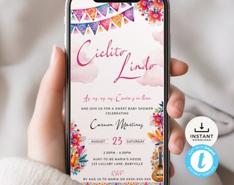 Cielito Lindo Baby Shower Invitation Digital, Mexican Theme Girl Electronic Invite, Fiesta Pink Bright Evite. Editable, Downloadable | CL01