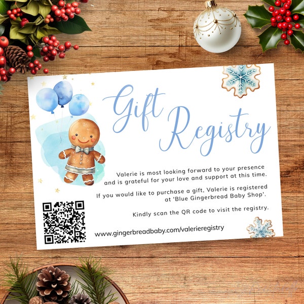 Blue Gingerbread Man Baby Shower Gift Registry Card with Qr Code for Boy Holiday Christmas themed event. Editable, instant download | CH15
