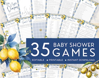 Ciao Bambino Baby Shower Games Bundle, Amalfi Coast Theme Activity Pack, Mediterranean Lemon Tile, Italian Blue. Editable, Printable | CB02