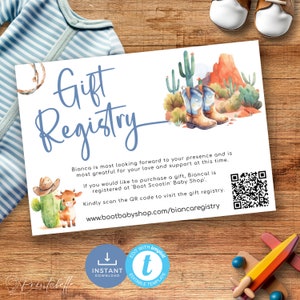 Carte-cadeau Cowboy pour baby shower avec code QR, encart pour demande de cadeau western, cactus du désert, bottes bleues. Modifiable, imprimable | CB01
