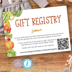 May include: A gift registry card with a watercolor illustration of vegetables and a QR code. The text reads "Gift Registry" and "Jessica & Michael are most looking forward to your presence and are grateful for your love and support at this time. If you would like to purchase a gift, Veronica is registered at 'Locally Grown Baby Shop'. Kindly scan the QR code to visit registry. www.locallygrownbaby.com/jandmregistry"