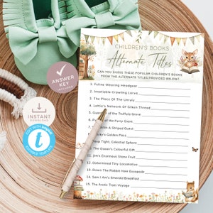 Gioco per baby shower "Indovina il libro di fiabe", tema "Un nuovo capitolo sta per iniziare", quiz sui libri per bambini con risposta. / Modificabile, stampabile SB01