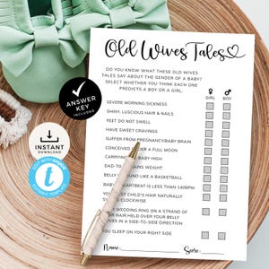 Old Wives Tales Gender Game, Gender Reveal Fun Quiz, Modern Baby Shower Game, Simple Prediction Card, Minimal. Editable, Printable | MN01