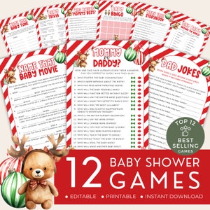 Merry Little Baby Shower Games Bundle, Christmas Pack of 12 Games, Holiday Ornament Theme, Candy Cane Striped. Editable, Printable | CH05B