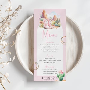 Cowgirl-Menüvorlage für Ihre Babypartydekoration im Landhausstil oder andere Partydekoration in der Wüste. Bearbeitbar, druckbar Download | KG01