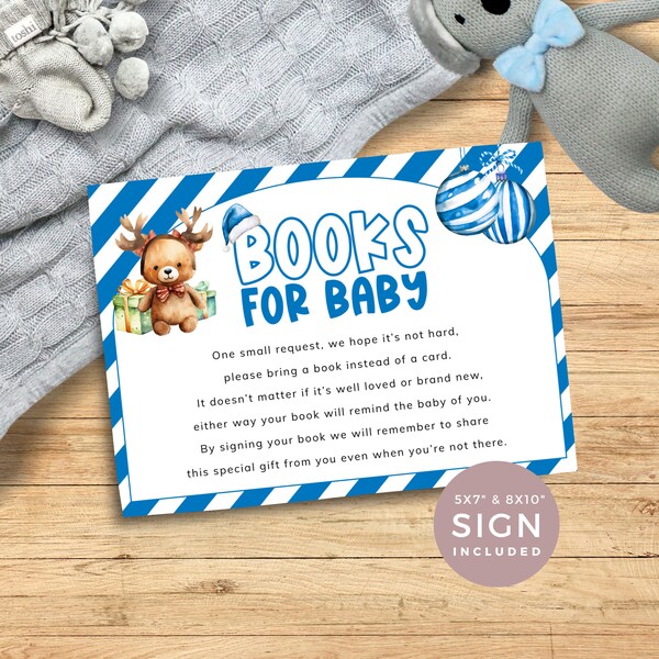 Merry Little Books for Baby Card and Sign Blue. Christmas Ornaments & Candy Cane Stripes for your Baby Boy Holiday Shower. Editable | CH05A