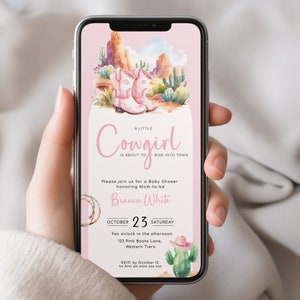 Cowgirl Baby Shower Evite in Pink Western Girl Theme, Cowgirl Is On Her Way Electronic Invite with desert. Editable, digital download | CG01