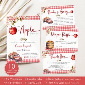 May include: A set of 10 printable baby shower templates featuring a red truck with apples, a red apple with a green leaf, and a red and white gingham pattern. The templates include an invitation, books for baby card, diaper raffle card, and thank you cards. The text on the invitation reads "The Apple of Our Eye" and "Please join us for a baby shower honoring Cassie Longreach".