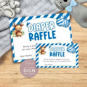 Enseigne et carte de tombola Merry Little Baby, jeu de baby shower bleu Noël, insertion d'invitation de Noël en sucre de canne. Modifiable, imprimable | CH05A
