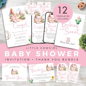 Cowgirl Baby Shower Invitation & Thank You Bundle, Pink Western Theme Invite Set, Favor Tags, Desert Cactus Sign. Editable, Printable | CG01