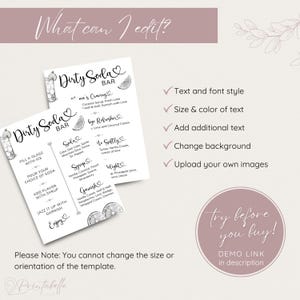Pu&ograve; includere: Un modello di menu stampabile per Dirty Soda Bar con un design rosa e bianco. Il menu include ricette di bevande e opzioni di personalizzazione, come lo stile del testo e del carattere, le dimensioni e il colore del testo e le modifiche dello sfondo. L'immagine include anche il testo "Try before you buy!"