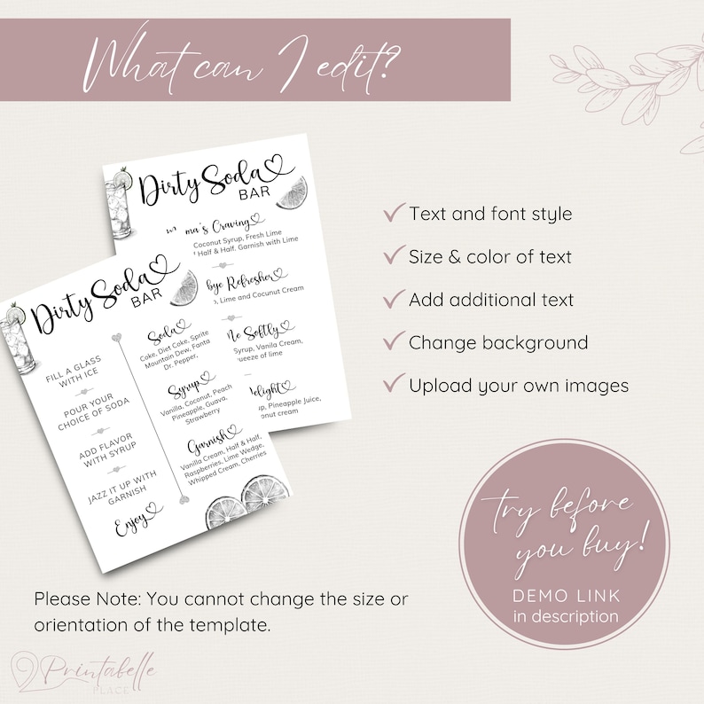 Pu&ograve; includere: Un modello di menu stampabile per Dirty Soda Bar con un design rosa e bianco. Il menu include ricette di bevande e opzioni di personalizzazione, come lo stile del testo e del carattere, le dimensioni e il colore del testo e le modifiche dello sfondo. L'immagine include anche il testo "Try before you buy!"