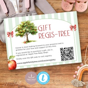 May include: A baby shower gift registry card with a green and white striped border. The card features a watercolor illustration of an apple tree with red apples and the text "GIFT REGIS-TREE". Includes a QR code and website address.