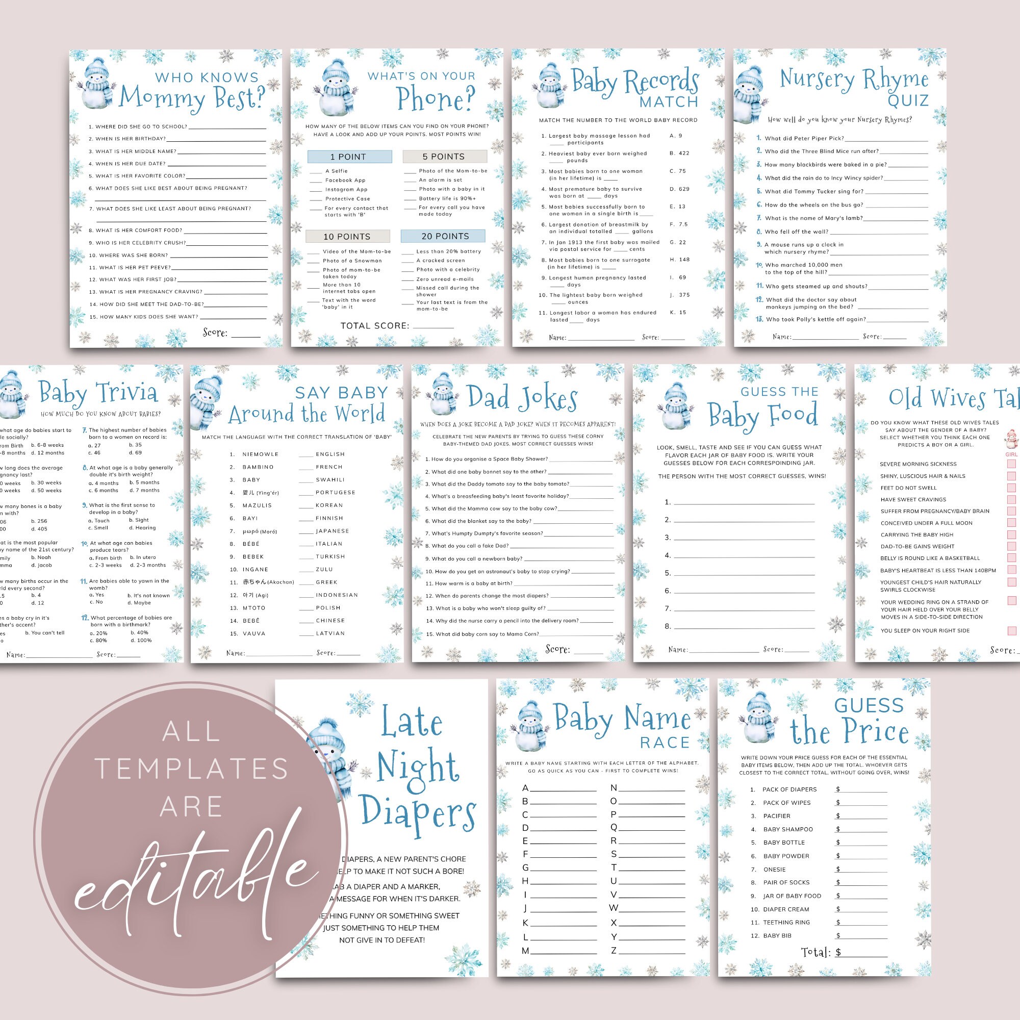 Snowflake Baby Shower Game Bundle, Winter Wonderland Activity, Dusty ...