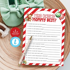 Joyeux petit jeu de baby shower qui connaît le mieux maman, connaissez-vous bien la maman, activité décoration de Noël. Modifiable, imprimable | CH05B