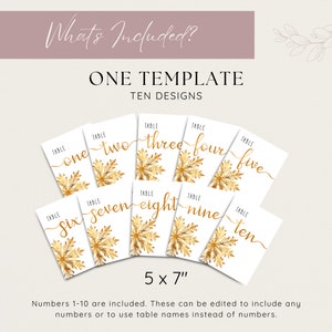 Listing includes one editable Table Number template size 5x7 inches. There are ten designs within the template including table numbers 1-10. These are editable to include any number you wish, or letter, or table names.