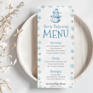 Winter-Themen-Menüvorlage, Staubblaue Schneemann-Lebensmittelliste, Blaue Schneeflocken-Babyparty-Brunch, Schnee Lecker. Druckbar, Bearbeitbar | SN02