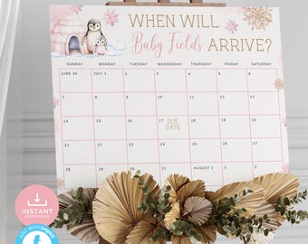Errate den Fälligkeitskalender: Winter Schnee Verliebt Pinguin Thema Rosa (bearbeitbar, Download) | SN12