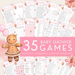 Op de afbeelding: Een set van 35 printbare babyshower-spellen met een peperkoekman-thema. De spellen omvatten "Babytradities", "Teken de baby", "Mama of Papa", "Baby Johnson Vragen & Advies", "Baby Beloning Match", "Baby Dieren Match", "Raad wat er in de luier zit", "Baby Bingo", "Zegt Baby Over de Hele Wereld", "Baby Trivia", "Noem die Babyfilm", "Papa Grappen", "Raad de Baby", "Wat staat er op je telefoon", "Boven of Onder", "Kinderrijmpje Quiz".