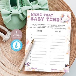 Quiz sur un air de bébé, C'est bientôt la fête, Jeu baby shower, Écoutez l'activité musicale, Fantôme rétro. Modifiable, imprimable | HW01