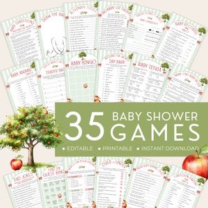 Apple Baby Shower Games Bundle, A Little Apple Tree Activity Set, Fruit Themed, Grown with Love Pack, Answer Key. Editable, Printable | AP02