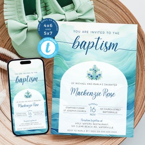 May include: Blue and green watercolor baptism invitation with a cross and flowers. The invitation says "You are invited to the baptism of Mackenzie Rose" and includes the date, time, and location of the event. It also includes information about the reception to follow at Holy Waters Restaurant.