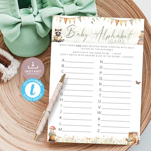 A New Chapter Is About To Begin Baby Alphabet Game, Storybook Baby Shower Baby Items Activity, Woodland Animals. Editable, Printable | SB01