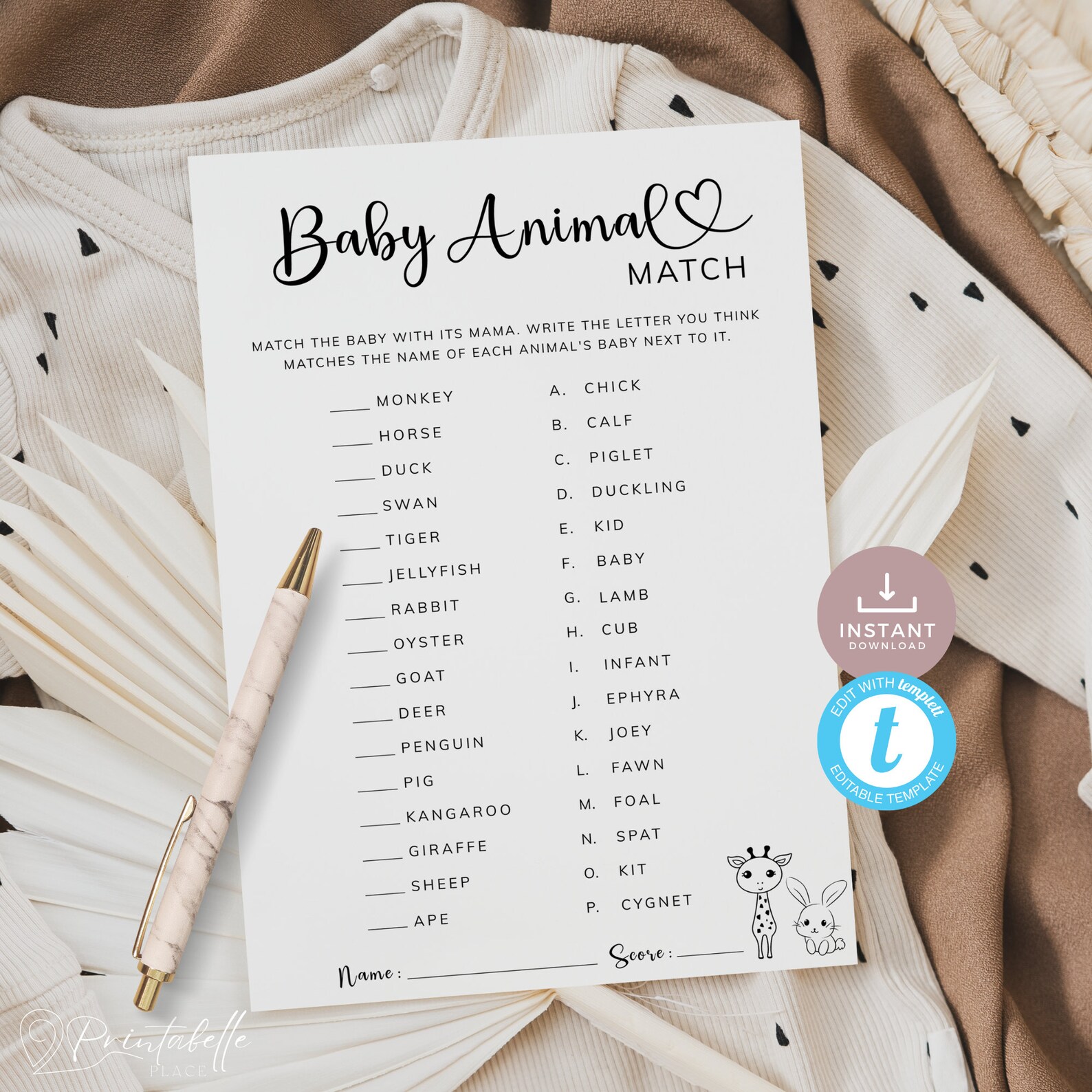 Baby Animal Match Game, Minimal Baby Shower Game Card, Most Popular and ...