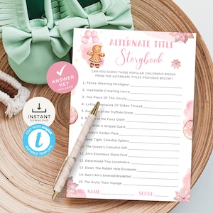 Gingerbread Name That Storybook Baby Shower Game, Pink Christmas Cookie Alternate Titles Children's Stories Quiz. Editable, Printable | CH14