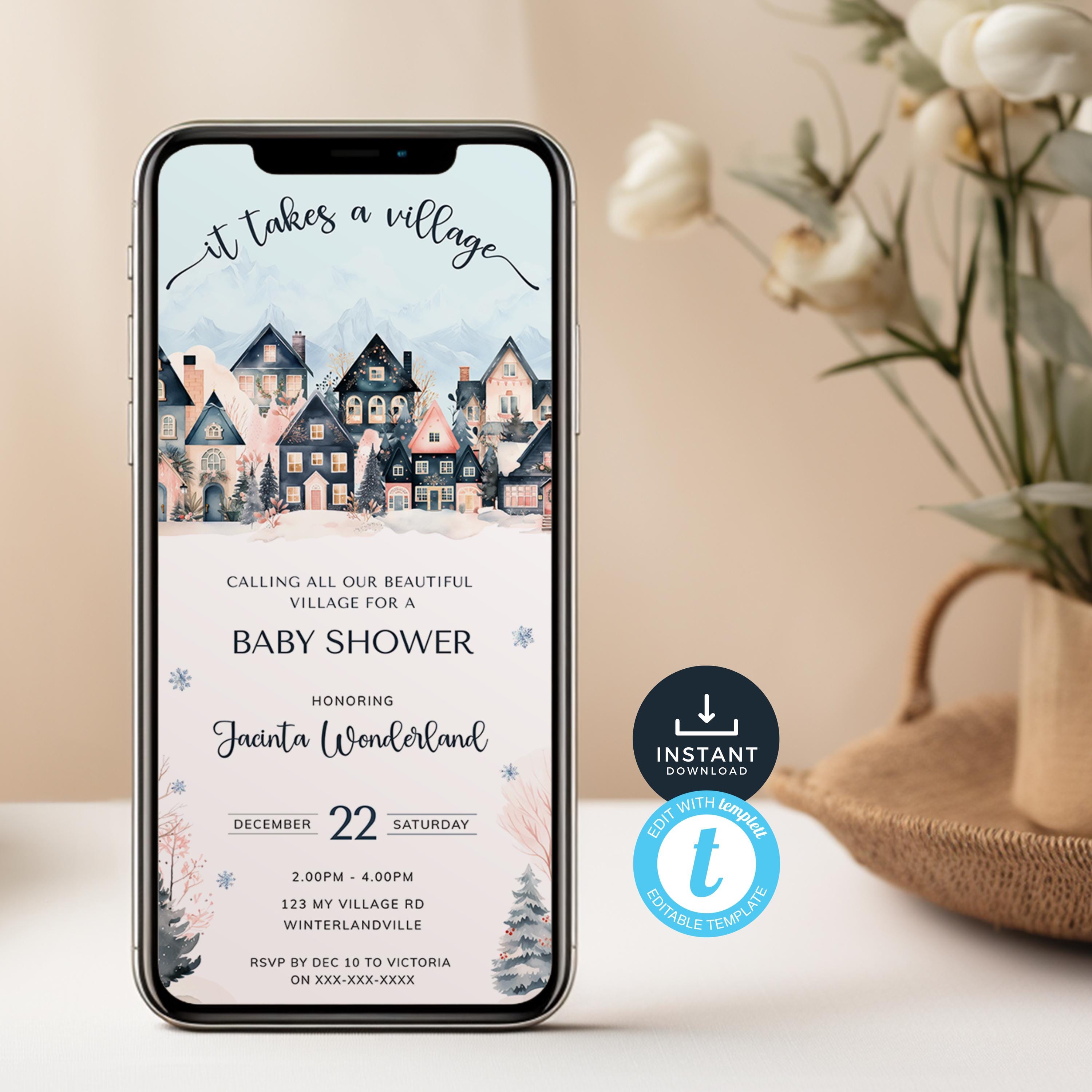 Scandi Einvite It Takes A Village Baby Shower Evite, Winter Theme Electronic Invite ...