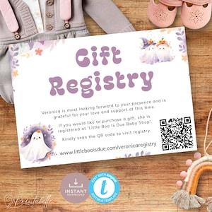 A Little Boo Is fast Due-Babyparty-Geschenk-Registratur-Karte, entzückende Geister, Pastell-Halloween-Registry-Einsatz. Bearbeitbar, Druckbar | HW01