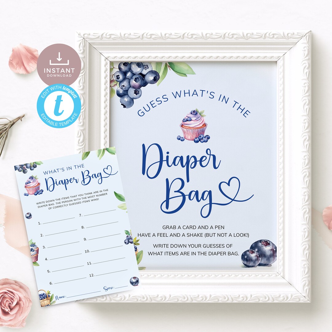 Blueberry Baby Shower Game What's in the Diaper Bag, Berry Sweet Baby ...