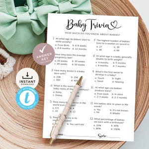 May include: A printable baby trivia game with 12 questions about babies. The game has a pink heart and a blue arrow on the top. The answer key is included.