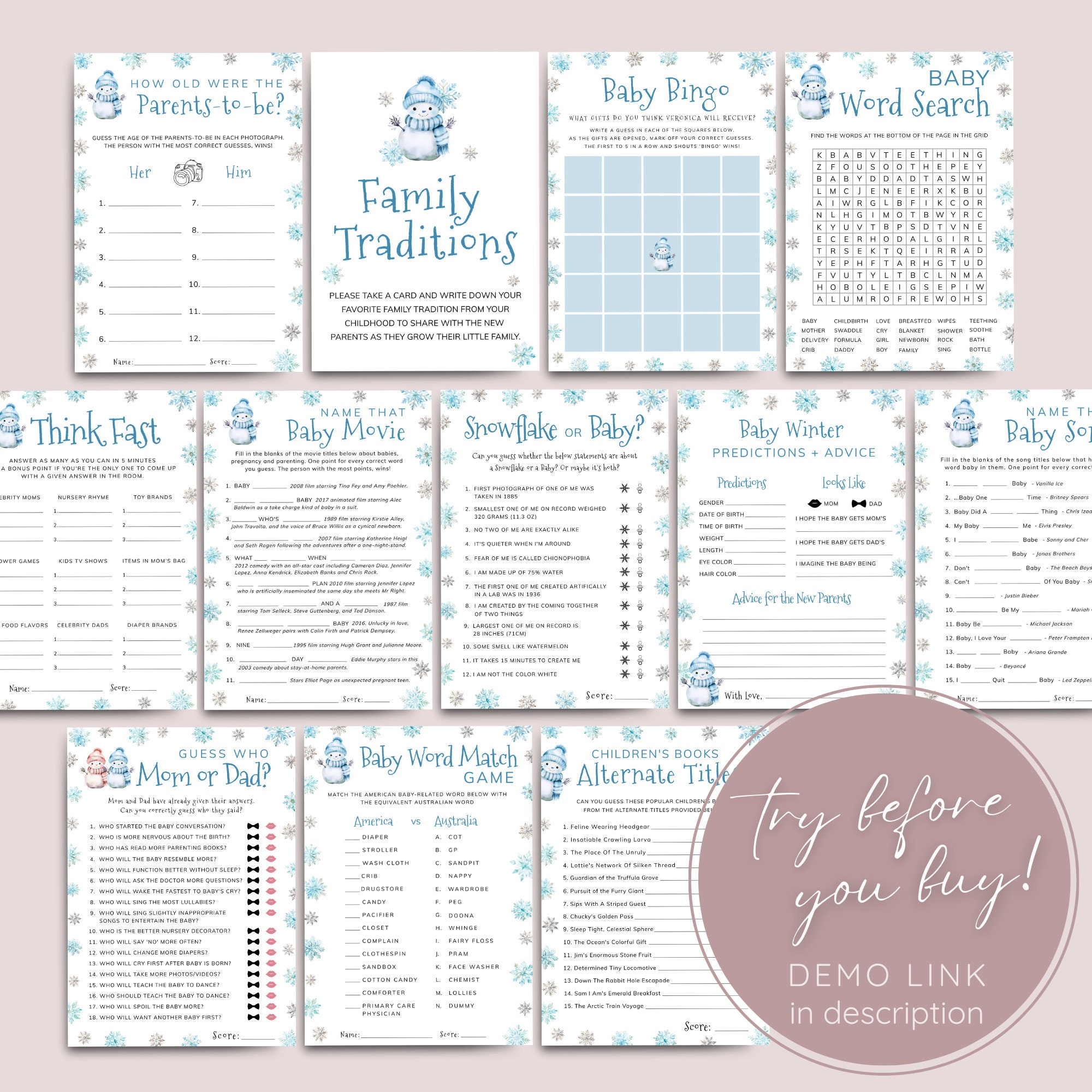 Snowflake Baby Shower Game Bundle, Winter Wonderland Activity, Dusty ...