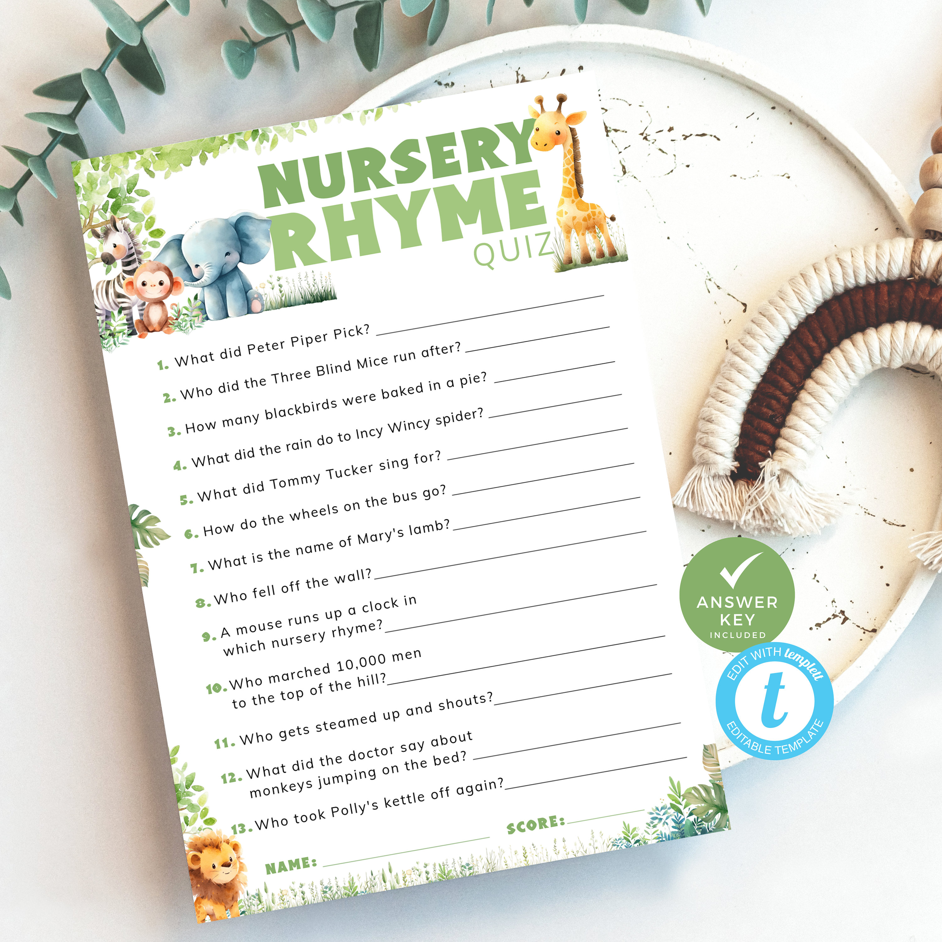 Nursery Rhyme Baby Shower Game: Safari Animal Theme, Printable Jungle ...