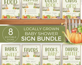 Locally Grown Baby Shower Sign Bundle, Sage Green Vegetable Decor, Farmers Market Signage Pack, Garden Theme. Editable, Printable | LG02