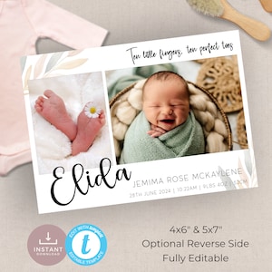 Birth Announcement Postcard, Introducing Baby Card, Baby Arrival Thank You Note Card, Minimal Boho with photos. Editable, Printable | BA01