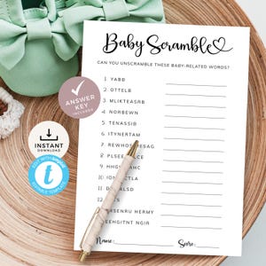 May include: A printable baby shower game with the title "Baby Scramble". The game asks players to unscramble baby-related words. An answer key is included.