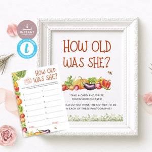 Quel âge avait une future maman cultivée localement, jeu de baby shower, marché de producteurs avec photo jeu d'âge avec des légumes. Téléchargement modifiable et imprimable | LG01