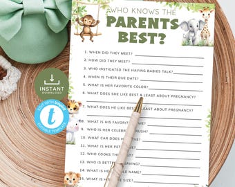 How Well Do You Know The Parents, Who Knows Mommy and Daddy Best, Couples Baby Shower Game, Safari Jungle Theme. Editable, Printable | SF02