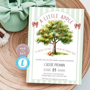 Apple Baby Shower Invitation, A Little Apple is about to Fall from the Family Tree, Fall Invite with Apple Tree. Editable, Printable | AP02