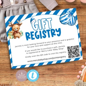Carte-cadeau de Noël pour baby shower avec code QR, ornement bleu pour demande de cadeau, joyeux petit garçon. Modifiable, imprimable | CH05A