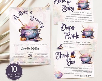 Baby Is Brewing Halloween Baby Shower Invitation Bundle: Pastel Witch Theme (Editable, Printable) | HW05