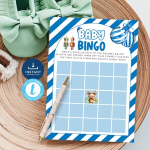 Joyeux petit bébé de bingo en bleu, décoration de Noël, jeu de baby shower pour garçon, devinette de cadeaux, vacances. Modifiable, imprimable | CH05A