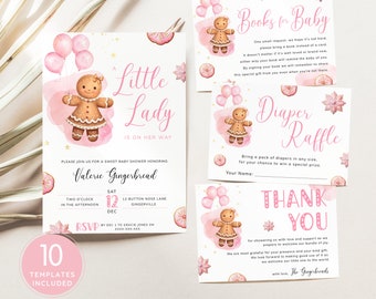 May include: Pink and white baby shower invitation with a gingerbread girl illustration. The invitation says "Little Lady is on her way" and includes the date and time of the shower. There are also cards for a diaper raffle, books for baby, and thank you cards.