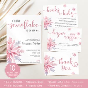 Snowflake Baby Shower Invite Bundle Pink, A Little Snowflake Is On The Way Invitation Set, Winter Theme for Girl. Editable, Printable | SN05