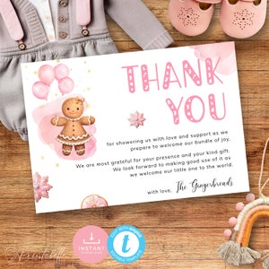 De roze babyshower van de peperkoek bedankt plat, briefkaart van het kerstkoekje, lieve kaart van de babyshower. Bewerkbaar, afdrukbaar | CH14
