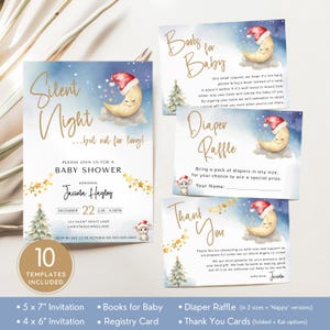 Lot d'invitations Silent Night pour baby shower, ensemble d'invitations avec des chants de Noël avec carte d'insertion, sentiment drôle de vacances. Modifiable, imprimable | CH18