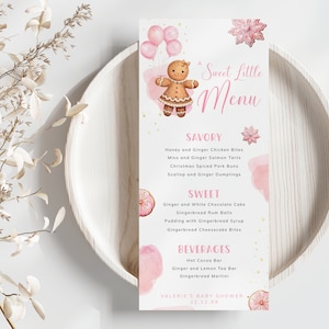 Lebkuchen-Themen-Menükarte, rosa Weihnachtsspeisen und Getränkeliste, Feiertags-Tischdekorationsdekor, süßes Babymädchen. Bearbeitbar, Druckbar | CH14