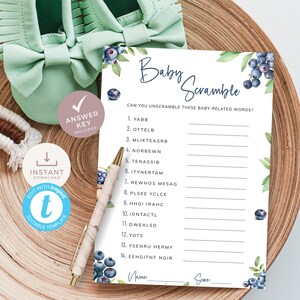 Modèle de Carte de visite brouillée aux bleuets, jeu de baby shower aux baies sucrées, activité de brouillage des mots, déchiffrez le mot. Modifiable, imprimable | BL02